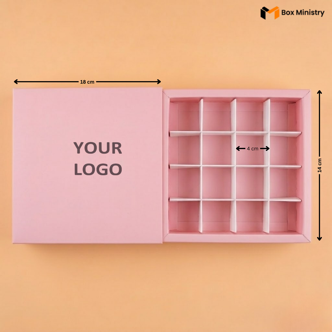 Pink jewelry box with compartments and dimensions on a peach background, featuring 'Box Ministry' logo.