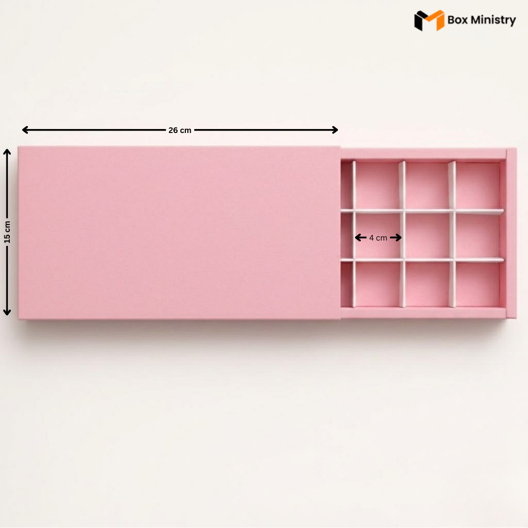 Pink wall-mounted shelf with dimensions on a white background, featuring the Box Ministry logo.