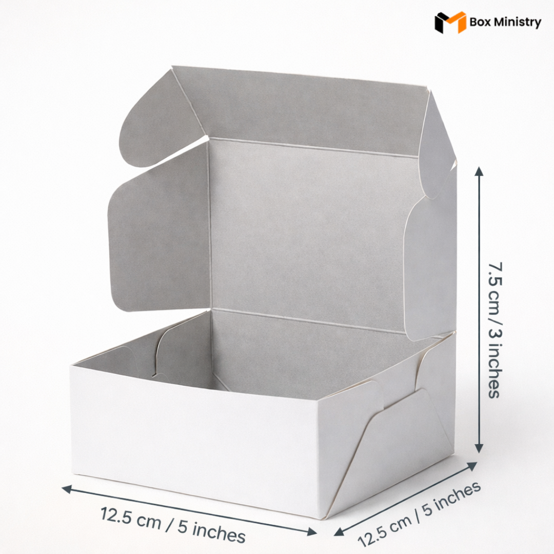 White cardboard box with dimensions indicated on a white background