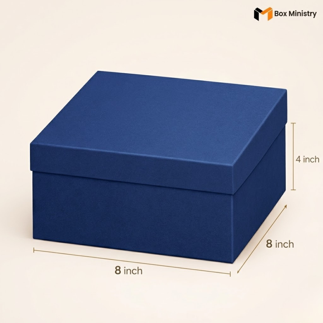 Blue box with dimensions on a beige background, featuring 'Box Ministry' logo.