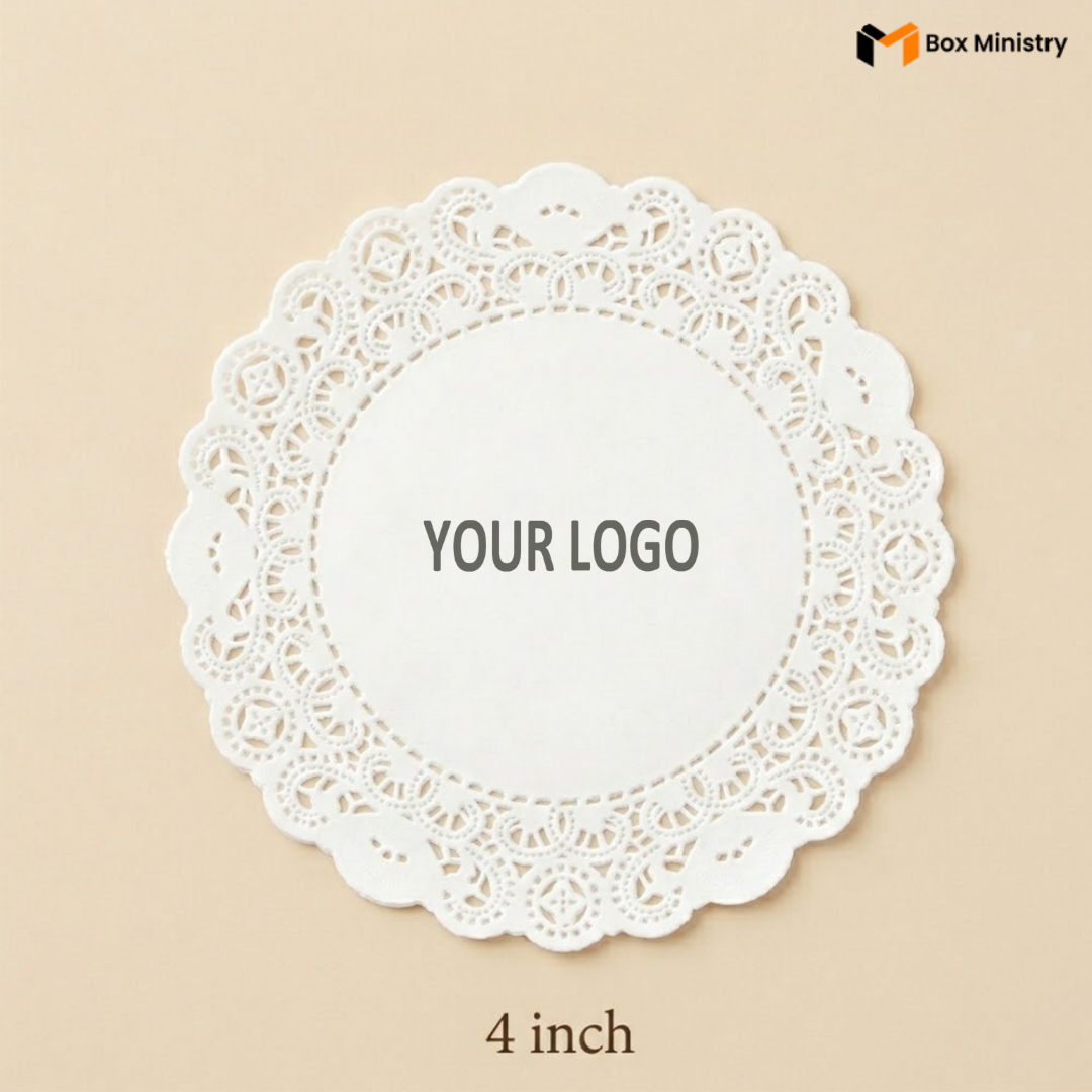 White lace doily with 'Your Logo' placeholder on a beige background, featuring Box Ministry branding.