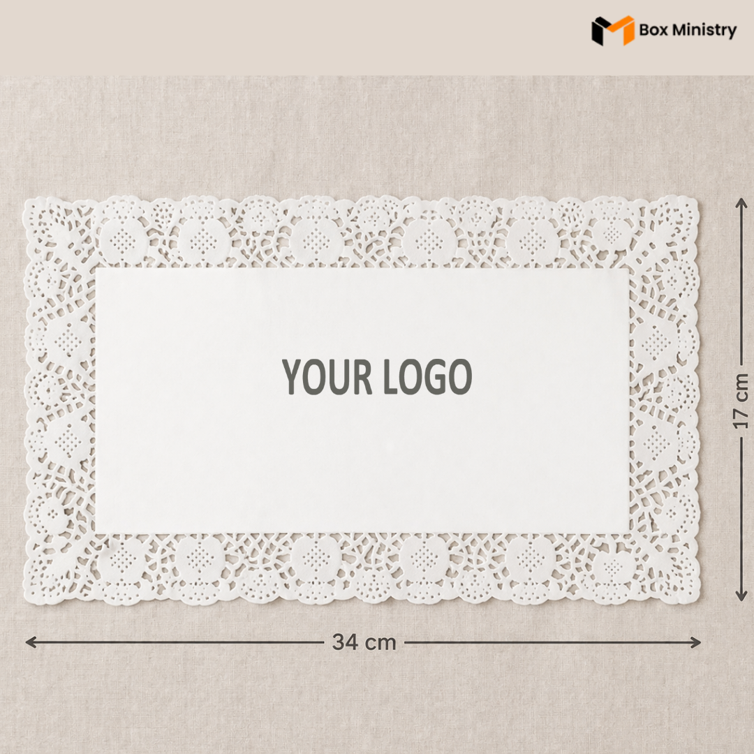White lace doily with dimensions and 'Your Logo' placeholder on a beige background