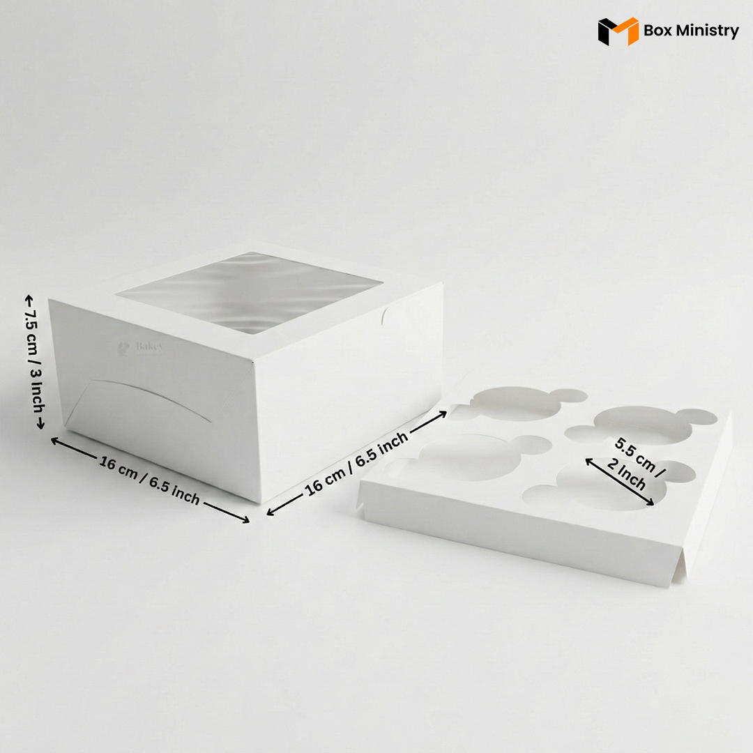 White 4-cavity cupcake box without handle, open lid, showing cupcake insert tray