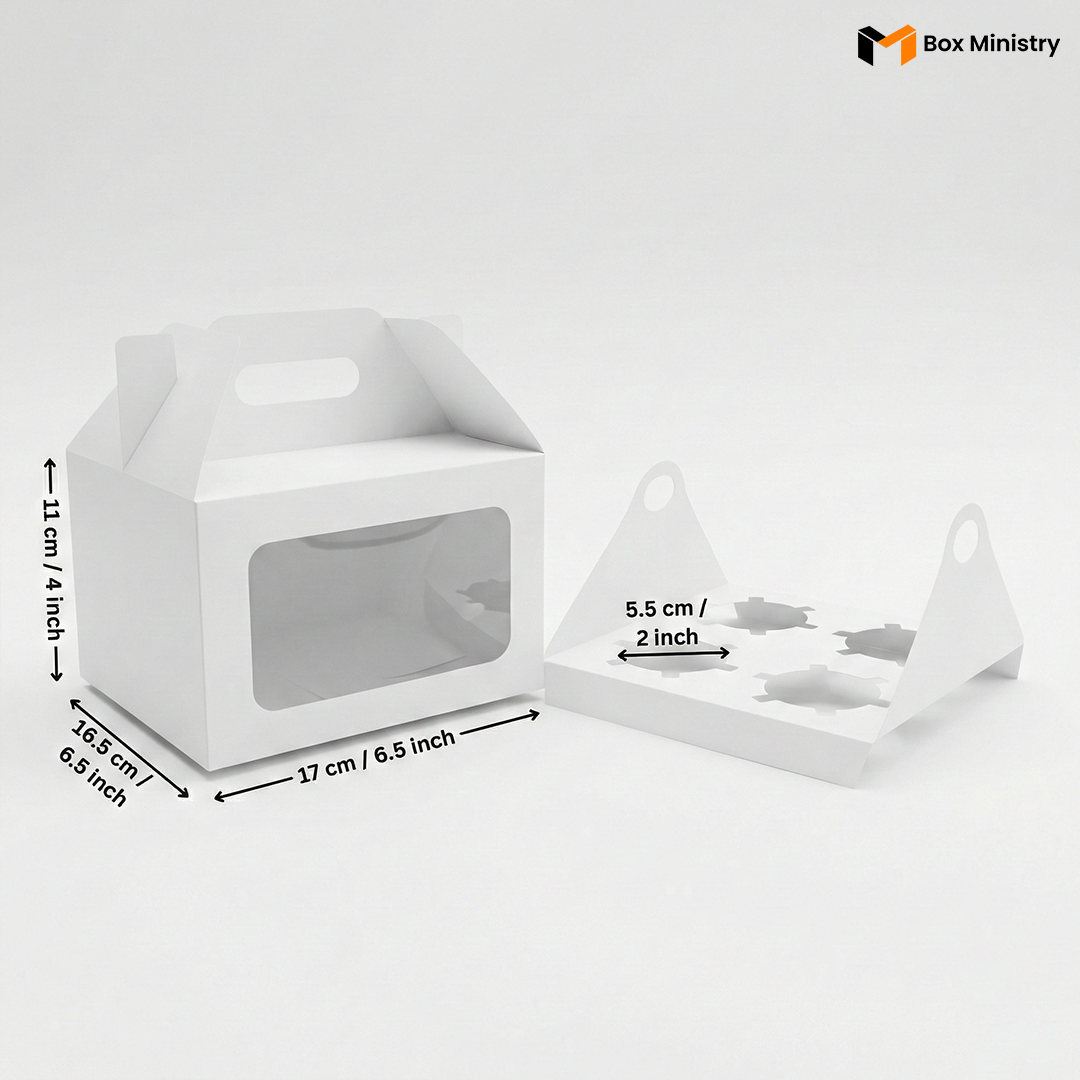 White 4-cavity cupcake box with handle, open lid, showing cupcake insert tray