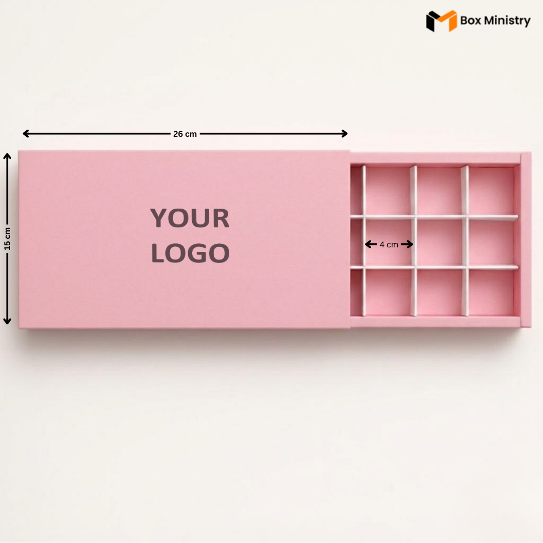 Pink box with dimensions and placeholder for 'Your Logo' on a white background