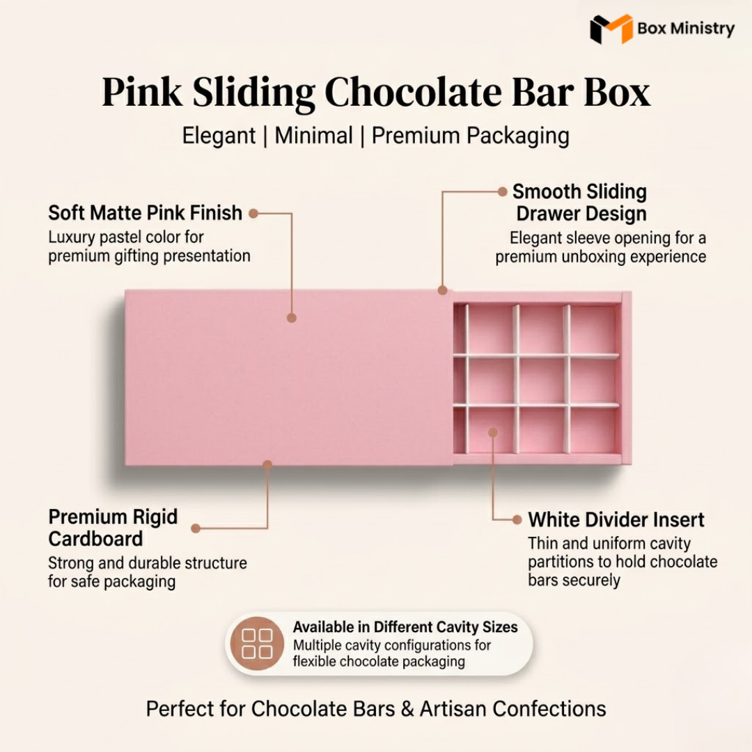 Pink sliding chocolate bar box with features highlighted on a white background