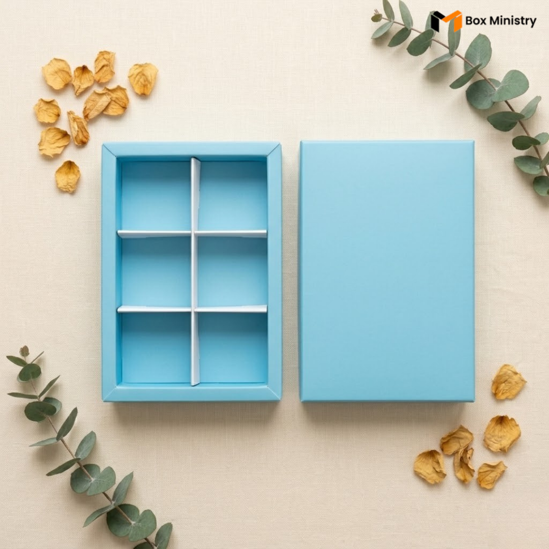 Blue jewelry box with compartments on a beige background with decorative elements