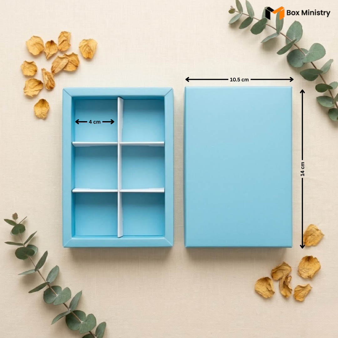 Blue jewelry box with dimensions on a beige background with decorative elements