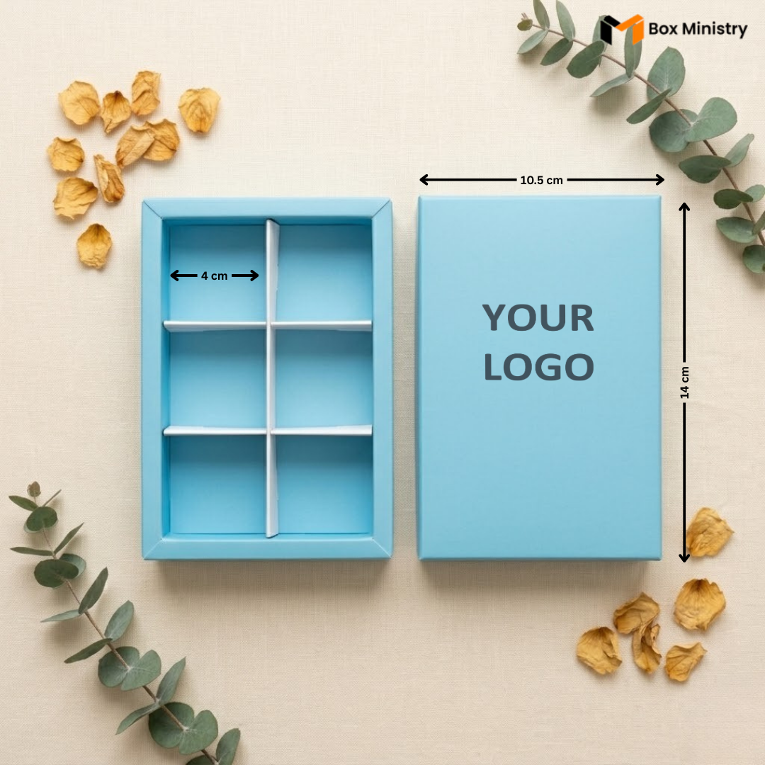 Blue box with compartments and dimensions, surrounded by decorative elements on a beige background.