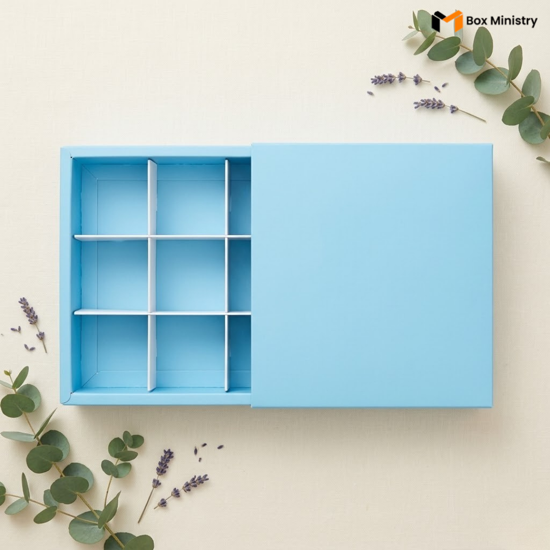 Blue storage box with compartments on a beige background with greenery