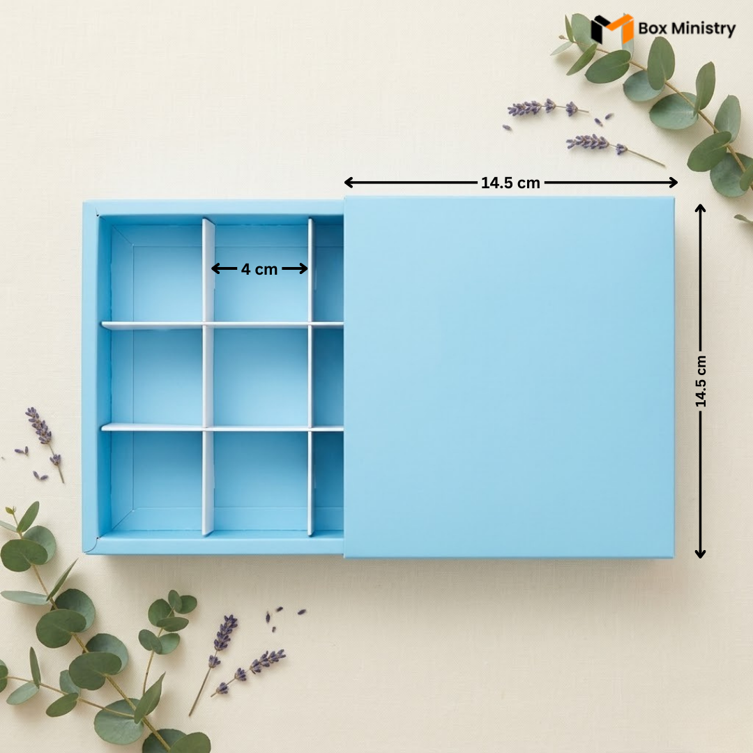Blue wall shelf with dimensions and decorative elements on a beige background