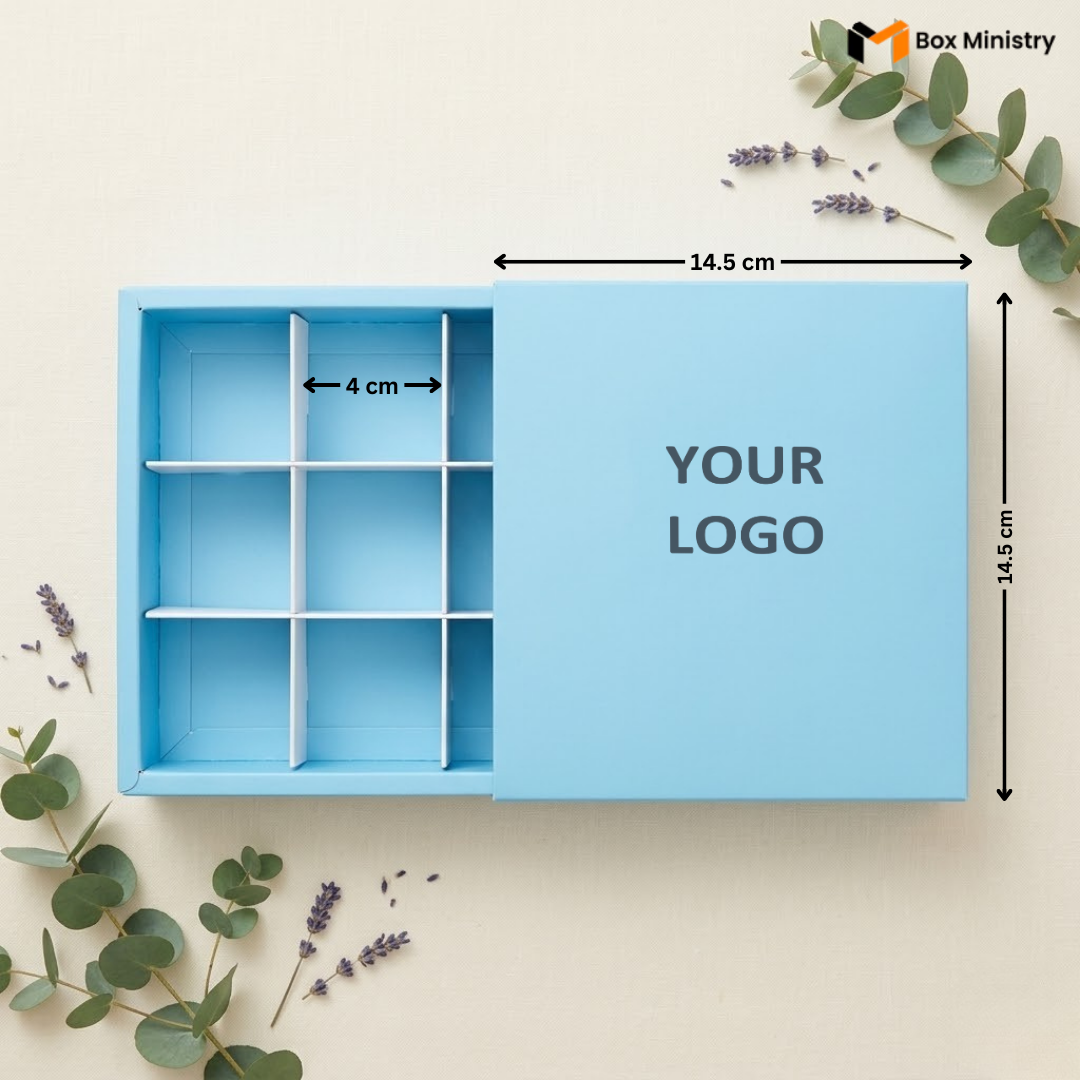 Blue box with compartments and dimensions, featuring a placeholder for a logo.