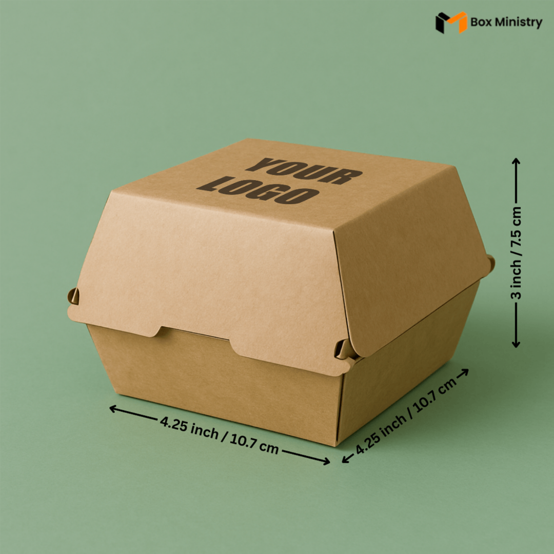 Kraft paper food box with dimensions and 'Your Logo' text on a green background