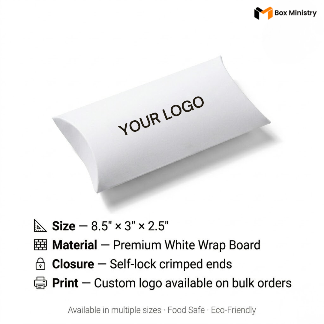 White pillow box with customizable logo on a white background, featuring Box Ministry branding.
