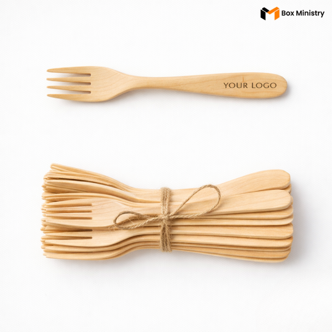 Wooden forks tied with a string on a white background, with 'Your Logo' text space.