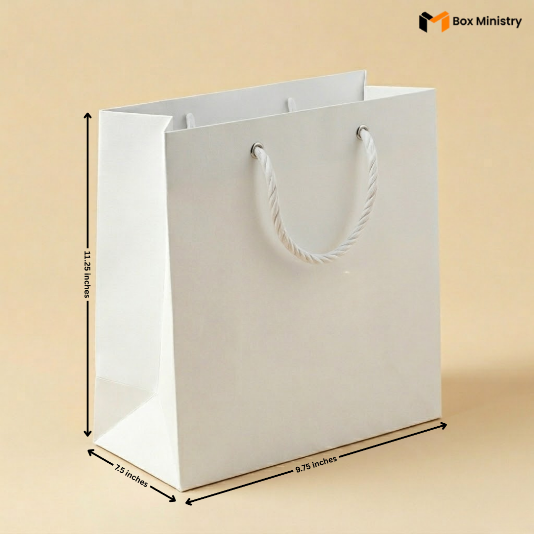 Beige paper bag with dimensions marked on a beige background