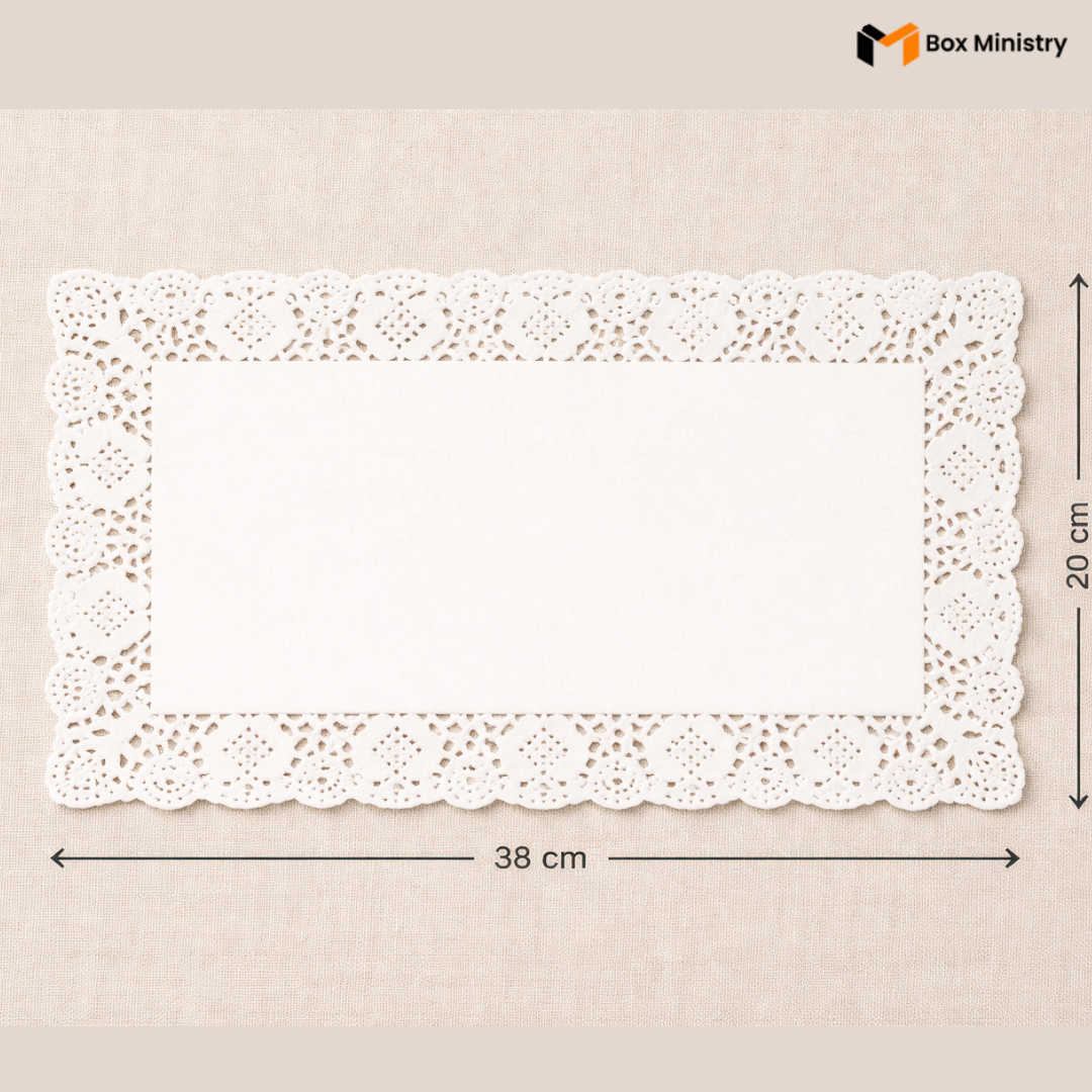 White lace doily with dimensions on a beige background