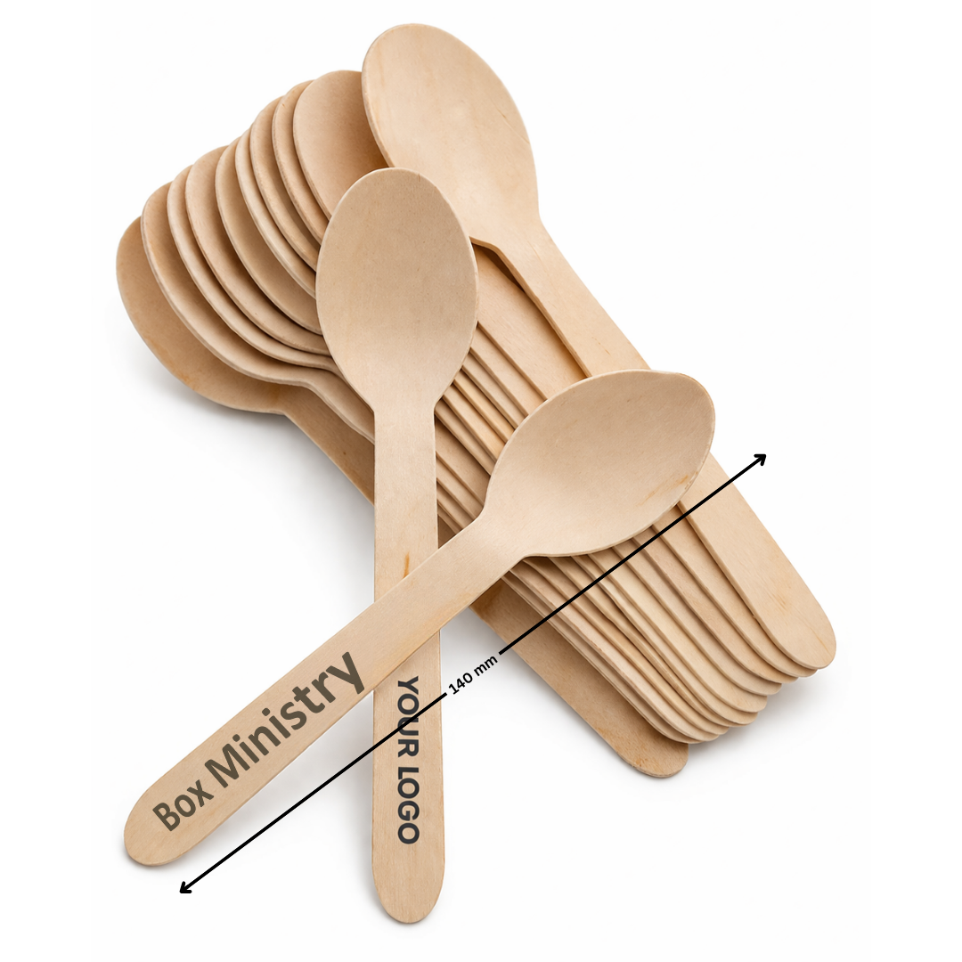 Wooden spoons with 'Box Ministry' and 'Your Logo' text on a white background