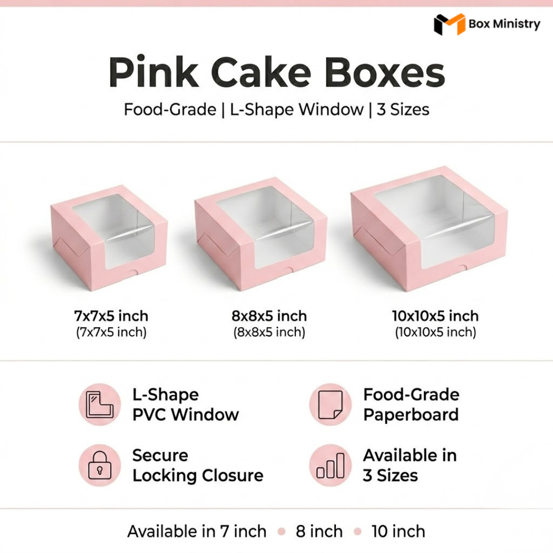 Three pastel pink cake boxes in three sizes with L-shape PVC windows arranged on white marble surface