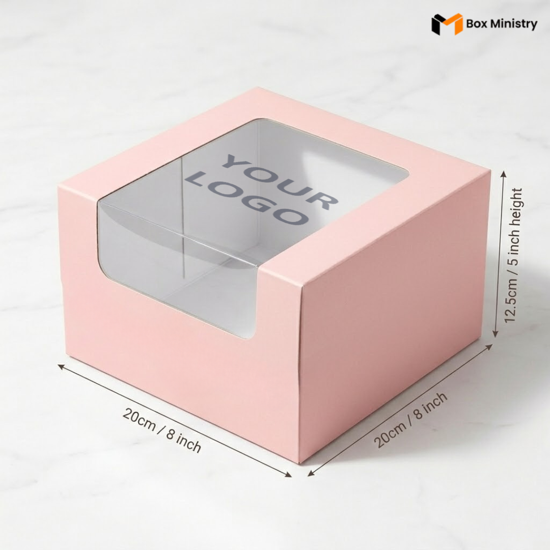 Pastel pink cake box 20x20x12.5cm with L-shape PVC window on white marble background with custom logo print 
