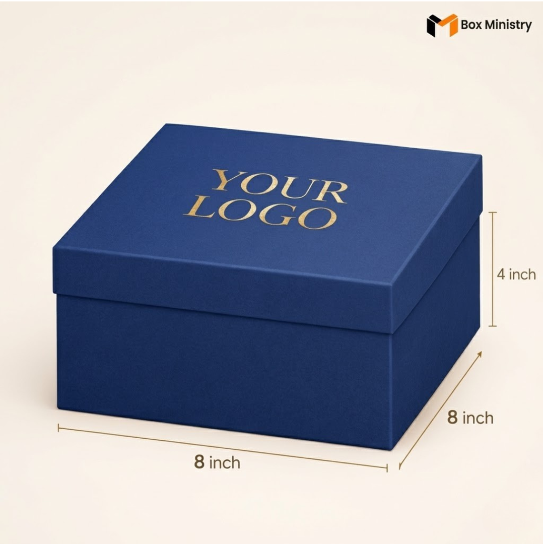 Blue box with 'YOUR LOGO' text on a white background, dimensions indicated.