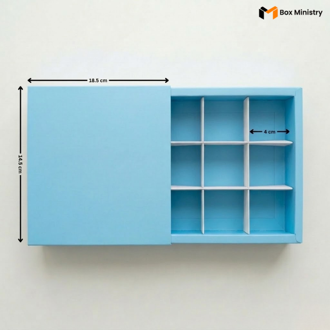 Blue storage box with dimensions labeled on a white background