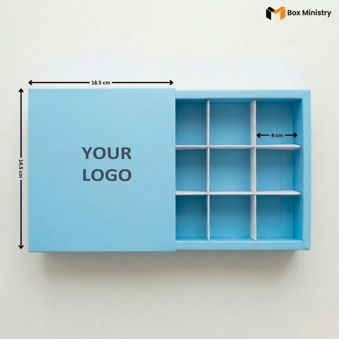 Blue box with dimensions and text 'YOUR LOGO' on a white background