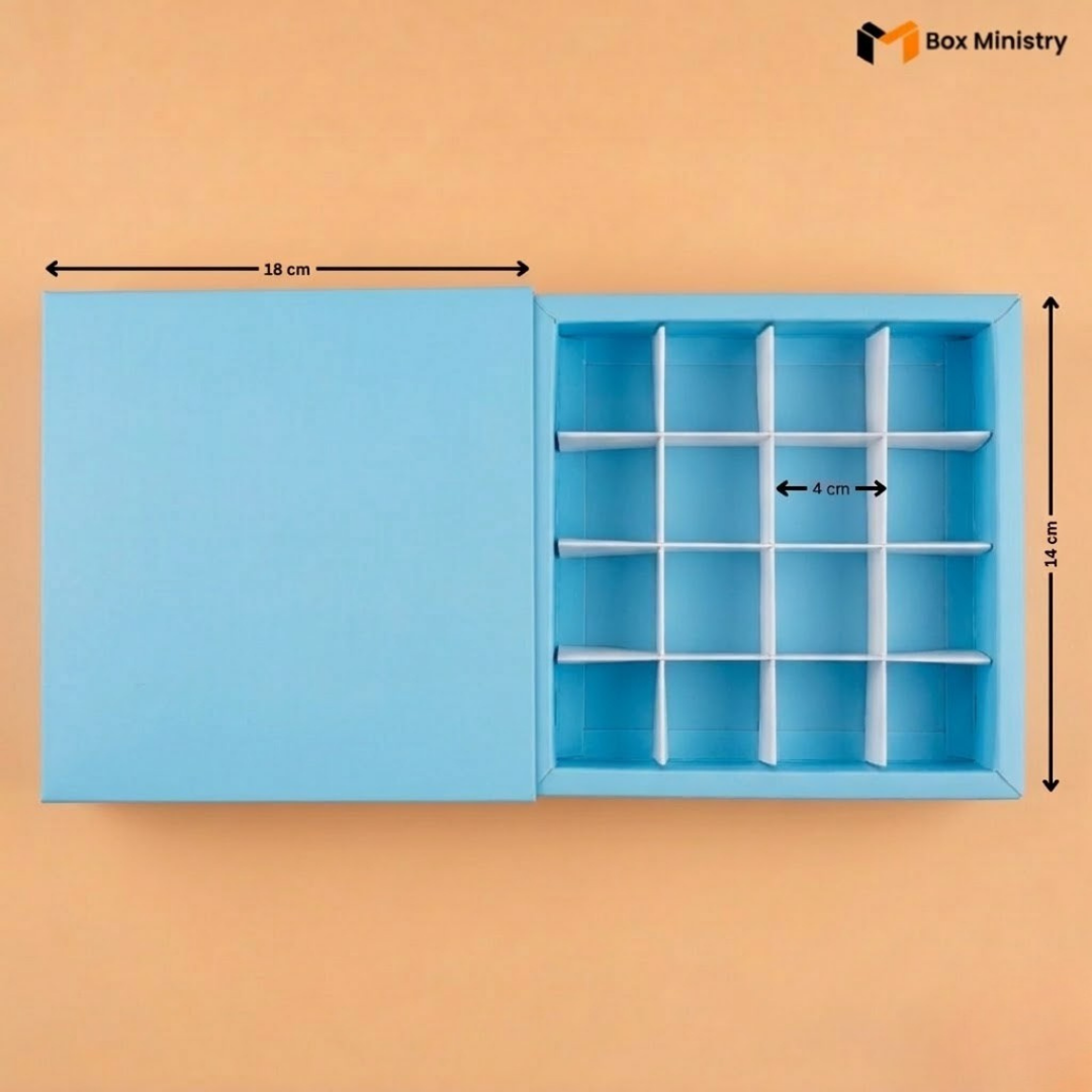 Blue storage box with measurement details on an orange background