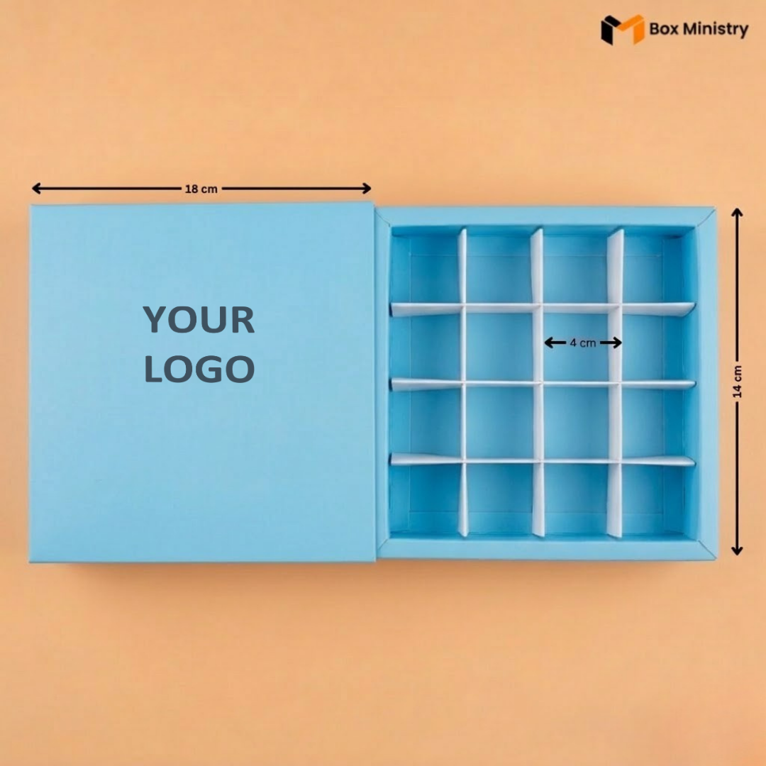 Blue box with compartments and dimensions on an orange background, featuring 'Box Ministry' logo.