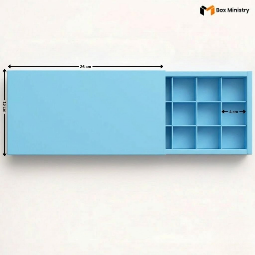 Blue silicone mold with compartments and dimensions on a white background, featuring 'Box Ministry' branding.
