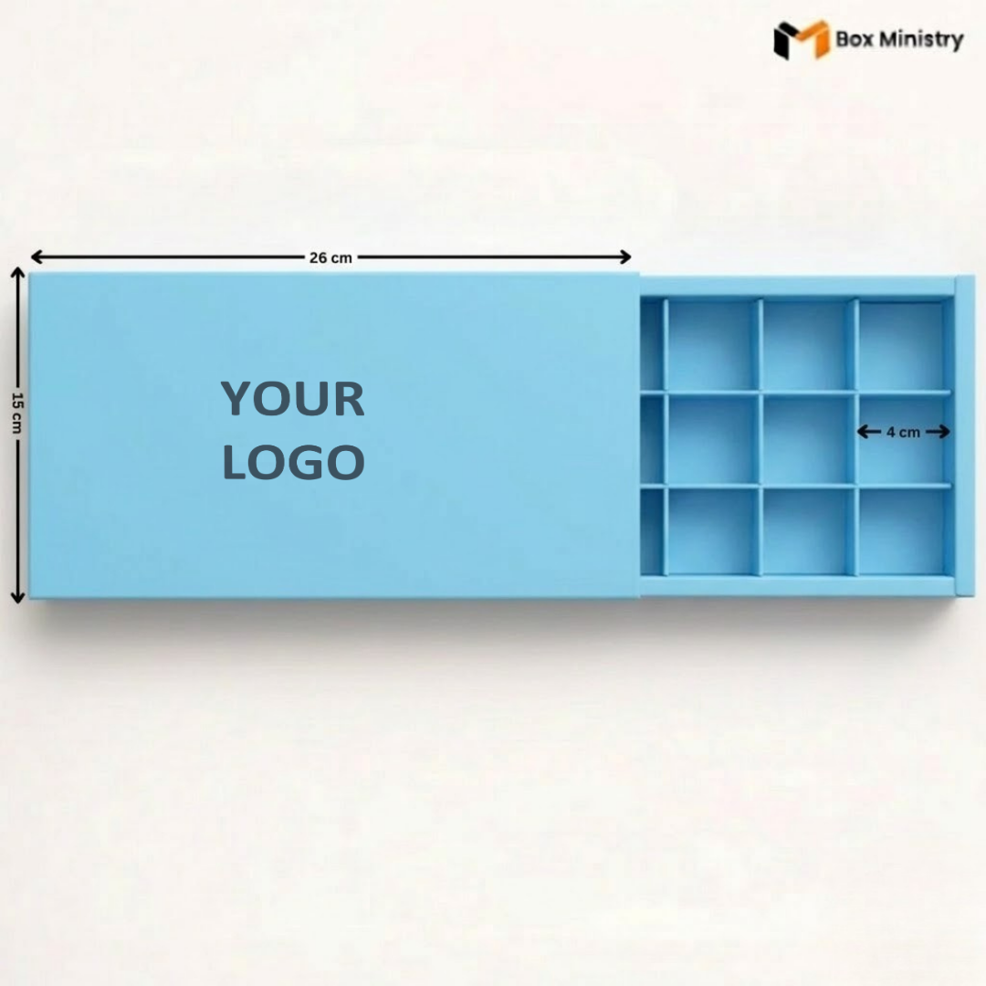 Blue rectangular box with dimensions and a placeholder for 'Your Logo' on a white background.