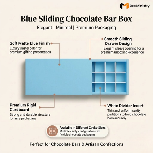 Blue sliding chocolate bar box with features highlighted on a beige background