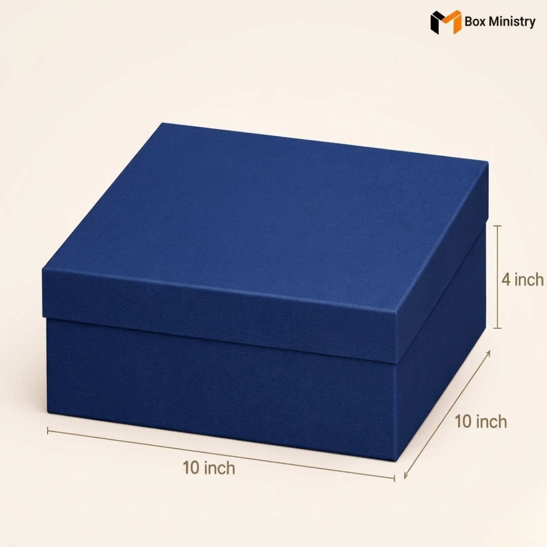 Blue box with dimensions on a beige background, featuring 'Box Ministry' logo.