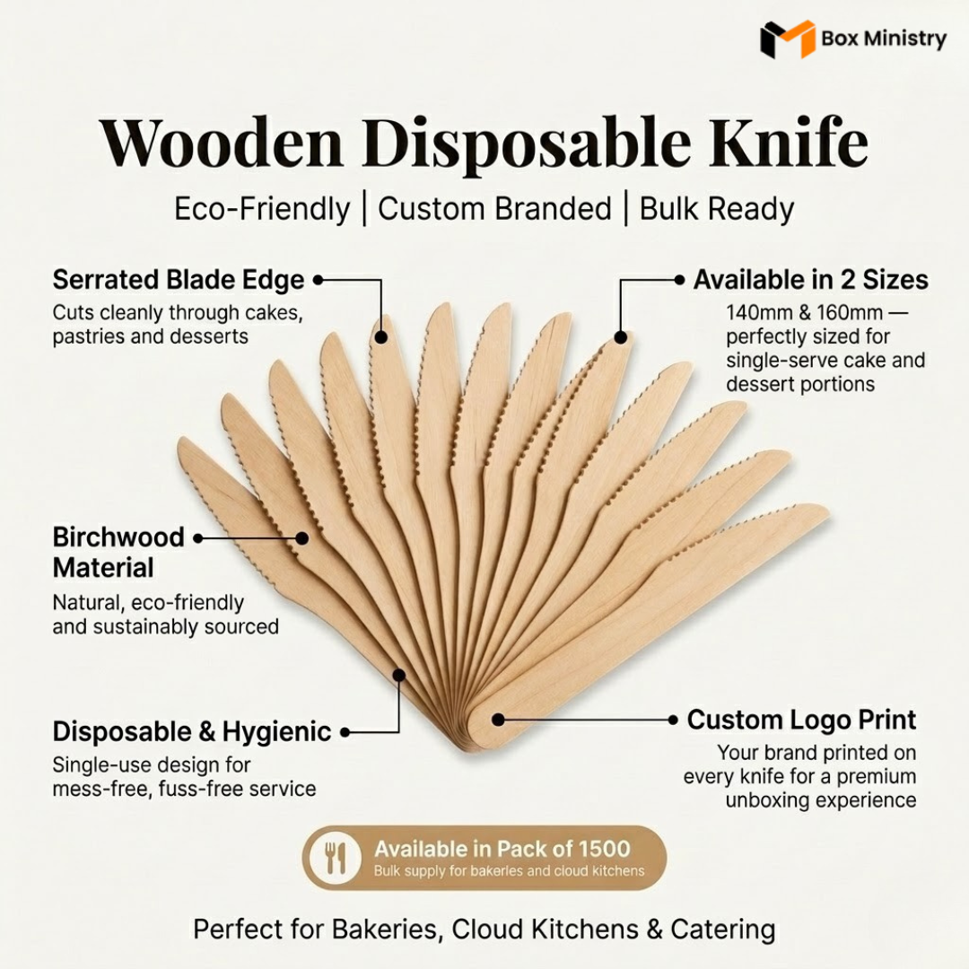 Wooden disposable knife set with features and branding information on a white background