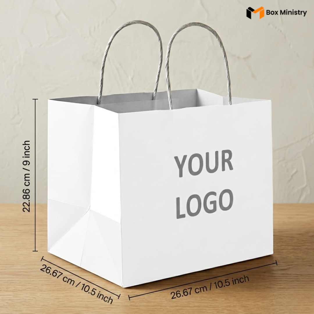 White paper bag with handles on a wooden surface, dimensions indicated, and 'Your Logo' placeholder text.