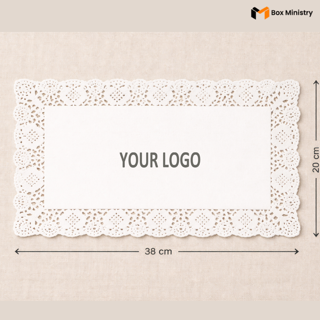 White doily with dimensions and space for a logo on a beige background