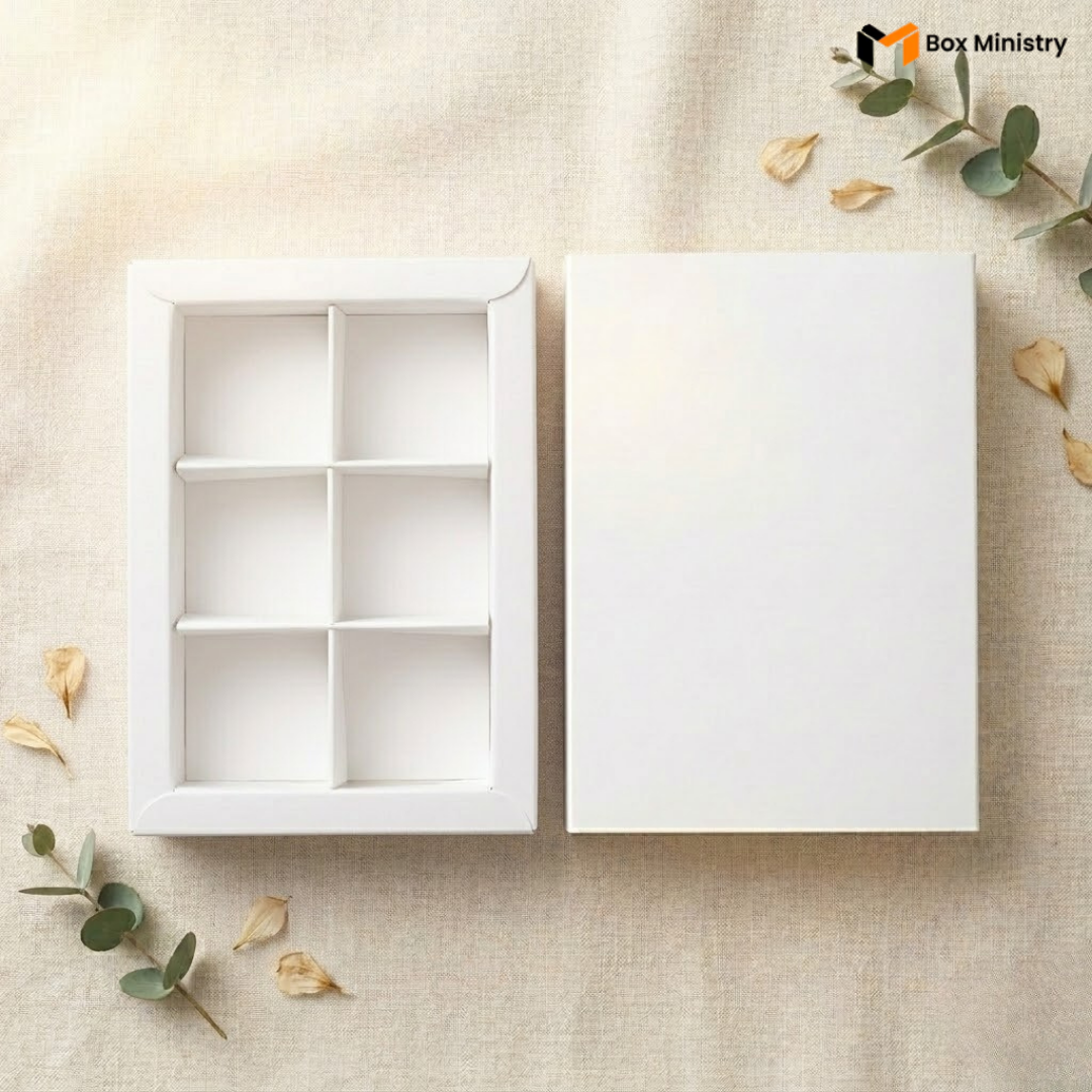 White jewelry box with compartments on a beige fabric background with eucalyptus leaves.