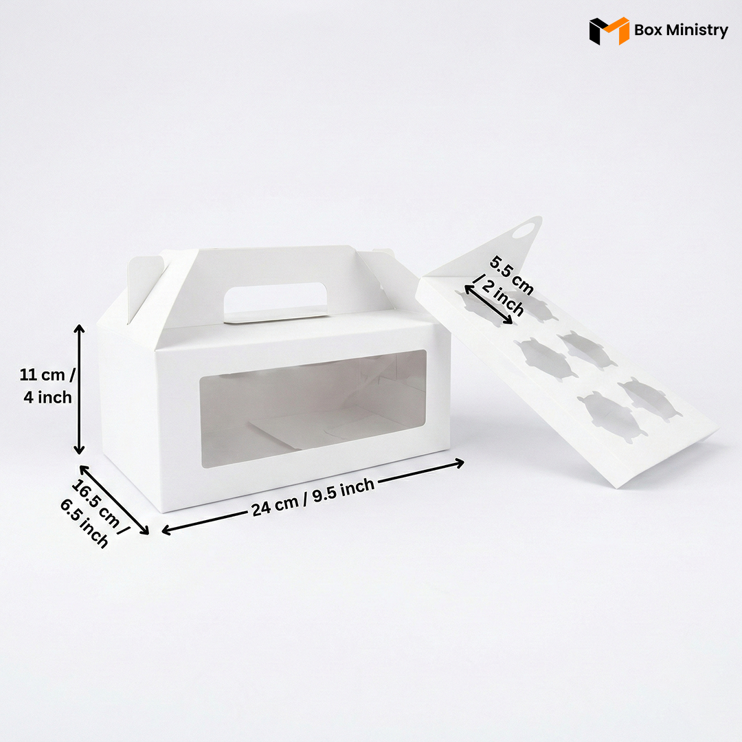 White 6-cavity cupcake box with window lid open, showing insert tray, three-quarter angl