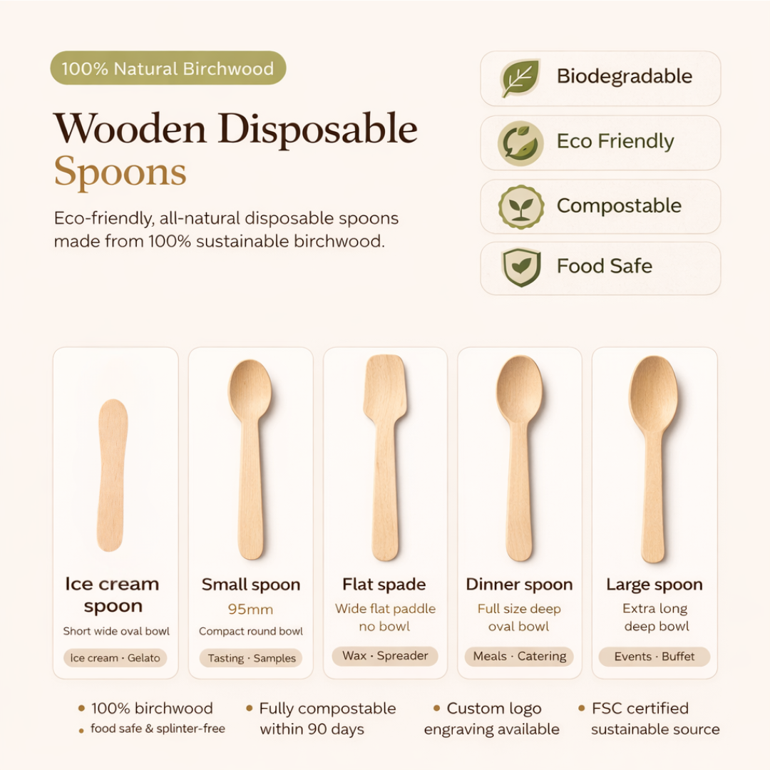 Wooden disposable spoons with product details on a white background