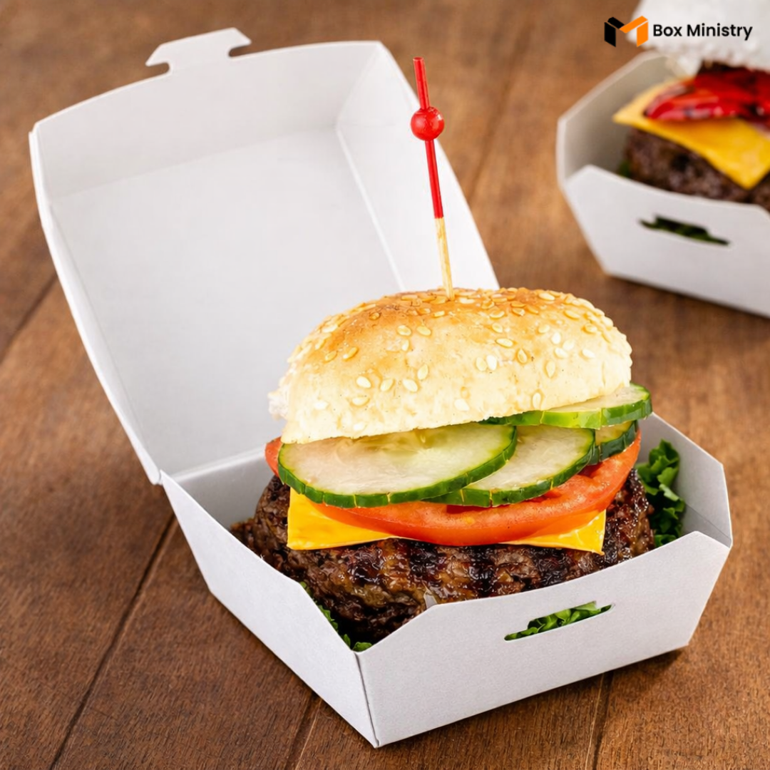 Hamburger in a white takeout box on a wooden surface with 'Box Ministry' branding.