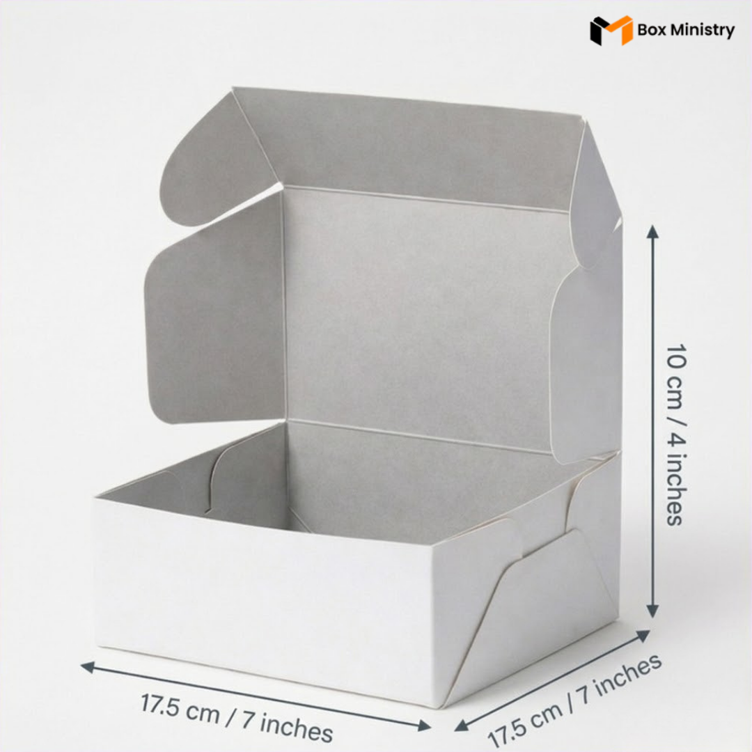 White cardboard box with dimensions indicated on a white background