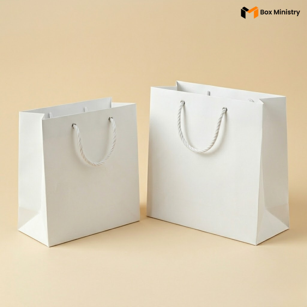 Two white paper bags with handles on a beige background, featuring the Box Ministry logo.