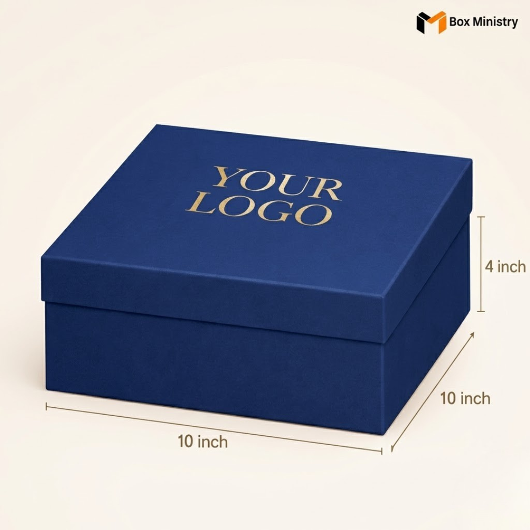 Blue box with 'YOUR LOGO' text on a white background, dimensions indicated.
