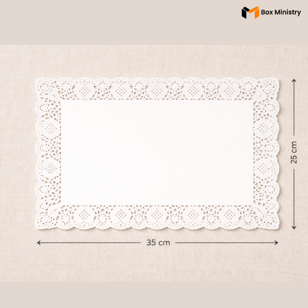 White lace doily with dimensions on a beige background