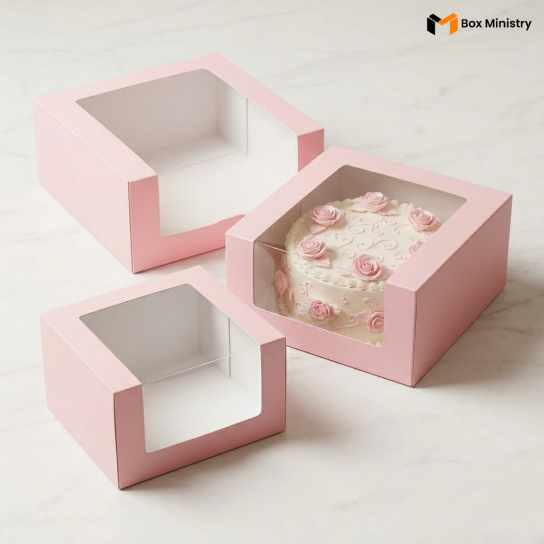 Three pastel pink cake boxes in three sizes with L-shape PVC windows arranged on white marble surface