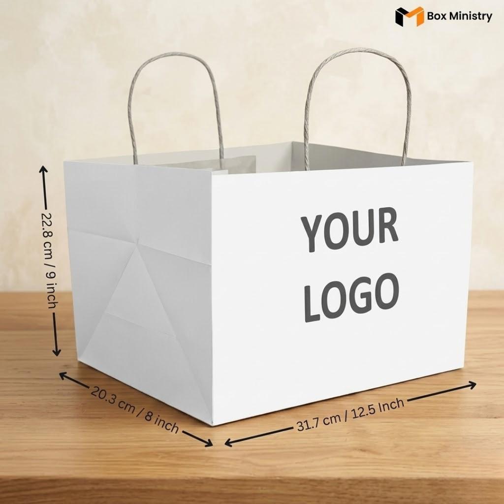 White paper bag with dimensions and 'Your Logo' text on a wooden surface.