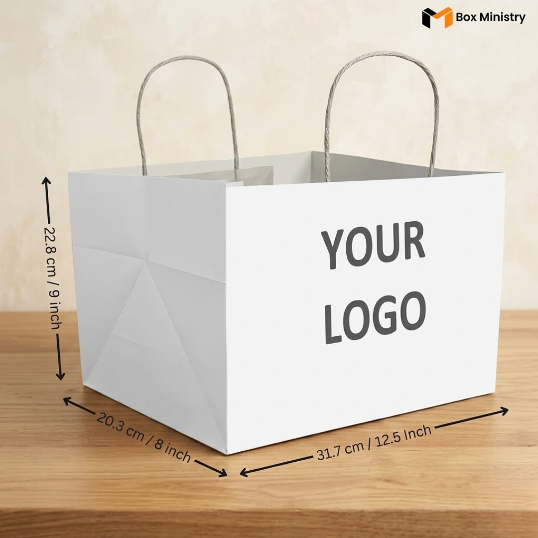White paper bag with dimensions and 'Your Logo' text on a wooden surface.