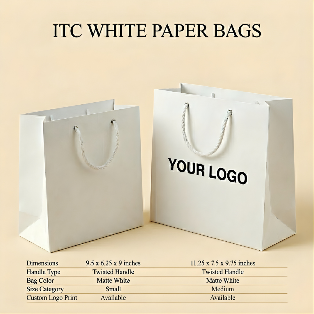 Two white paper bags with handles on a beige background, featuring text about dimensions and customization options.