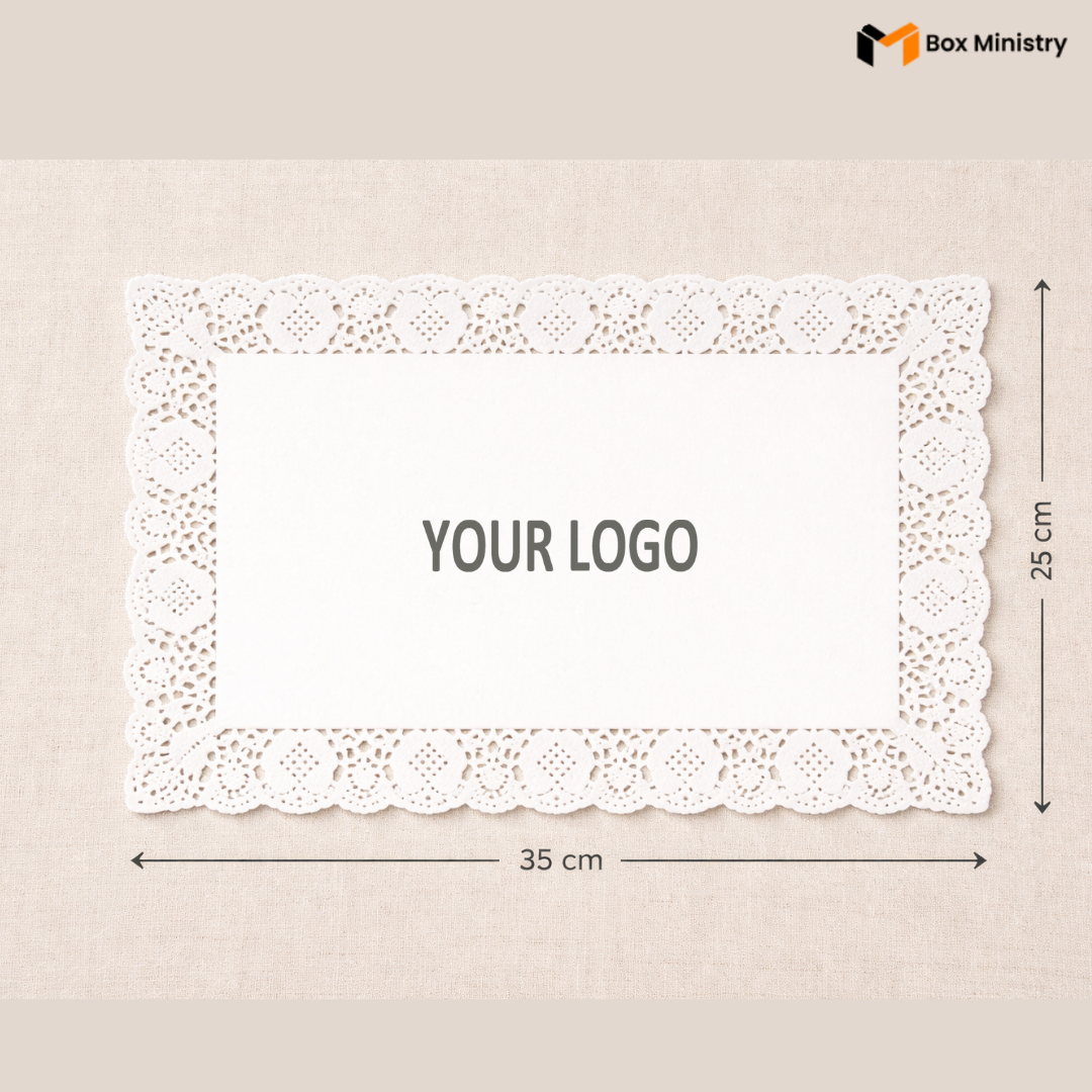 White doily with dimensions and 'Your Logo' placeholder on a beige background