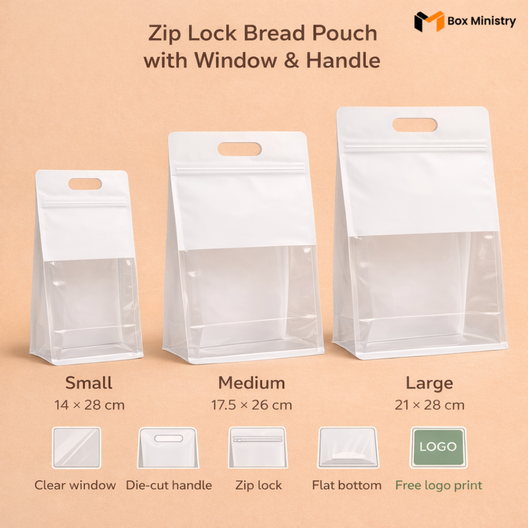 Three sizes of zip lock bread pouches with window and handle on a beige background, featuring Box Ministry branding.